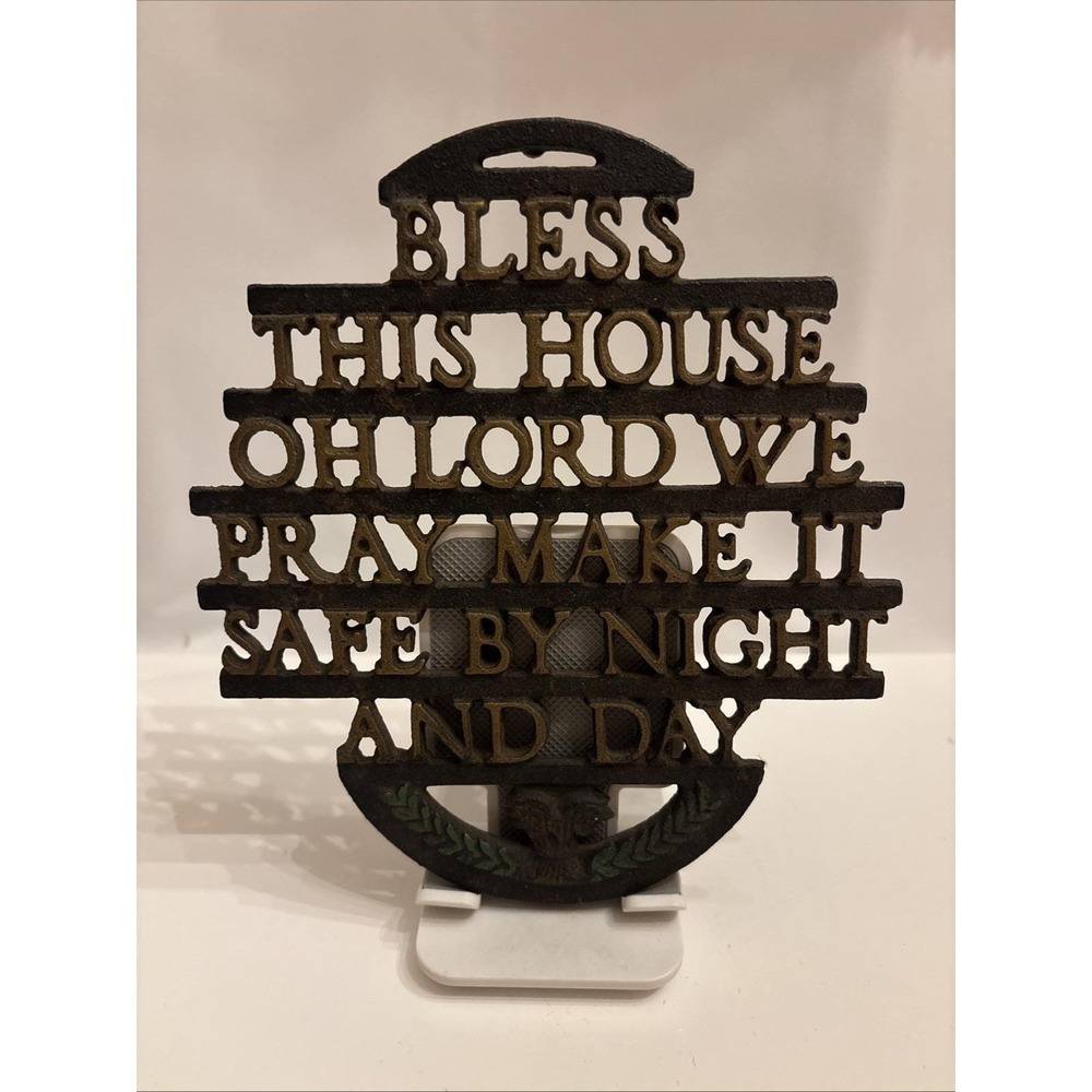 Vintage Wilton Cast Iron Trivet Bless This House Prayer Kitchen Cooking